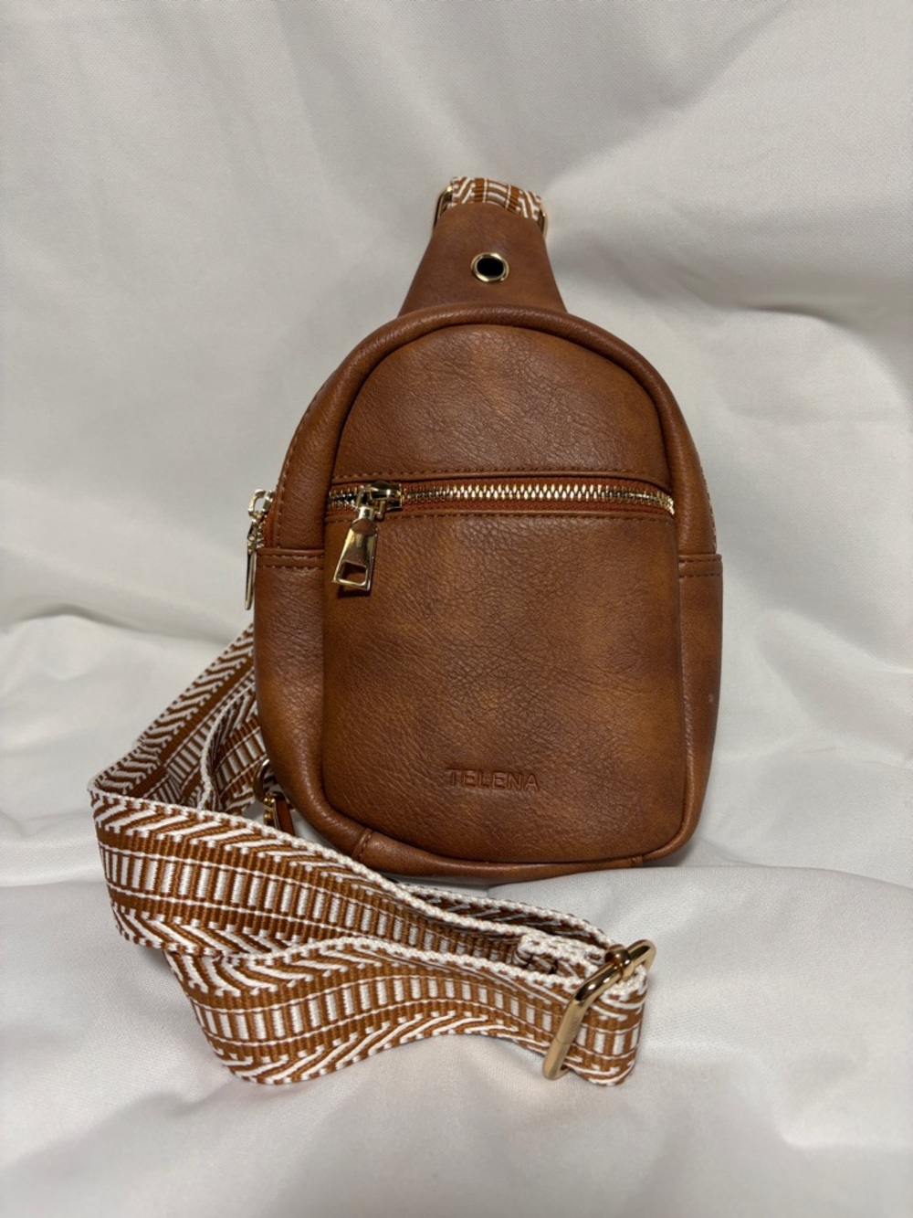 Telena Brown Faux Leather Crossbody Sling Bag with Patterned Strap